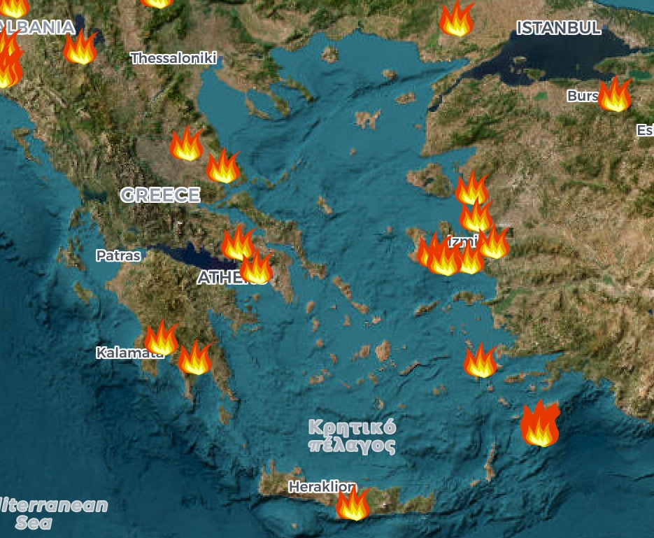 Heatwave and fires in Greece with maps July 2023
